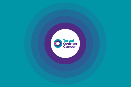Target Ovarian Cancer name on a teal background with purple circles surrounding