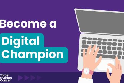 A purple background with white text reading become a digital champion with a graphic of someone typing on a laptop to the right hand side