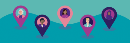 An infographic with location pins with illustrated faces in representing support groups
