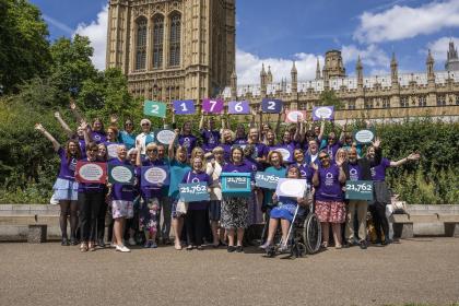 A group of Target Ovarian Cancer campaigners standing outside the House of Lords, Westminster