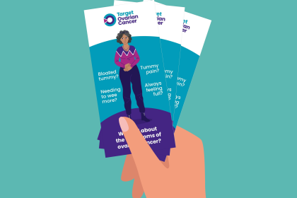 A graphic showing a hand holding the Target Ovarian Cancer symptoms awareness leaflets