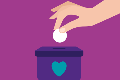 A graphic of someone putting a coin into a donation box