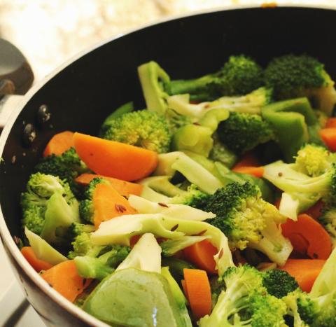 Broccoli and carrots in a pan