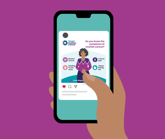 A graphic of a hand scrolling on a phone looking at ovarian cancer symptoms