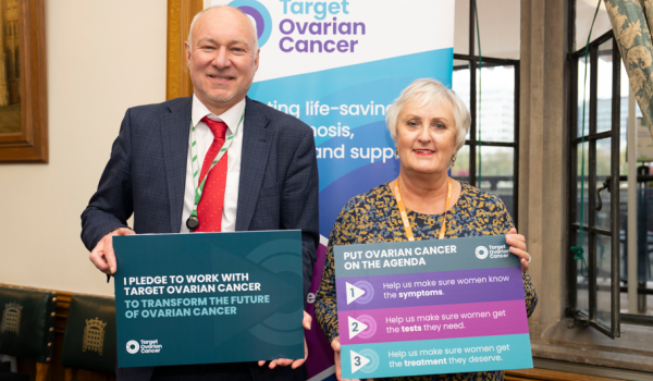 A photo of Jim Dickson MP and Sue Stockham, Target Ovarian Cancer campaigner after meeting at our Parliament reception