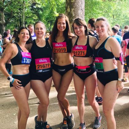 Target Ovarian Cancer fundraisers after finishing a 10k run in their underwear