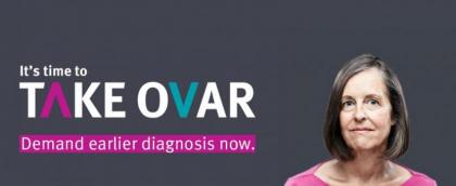 Text reads 'It's time to TAKE OVAR. Demand earlier diagnosis now.' with a headshot of Alison as part of Target Ovarian Cancer's TAKE OVAR campaign