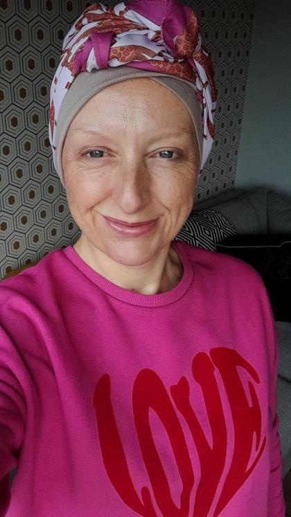 Mags wearing a headscarf during chemotherapy treatment November 2022