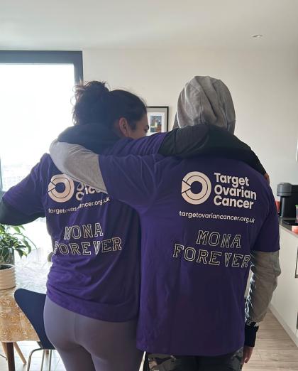 Ihab and his teammate with their purple Target Ovarian Cancer t-shirts on with Team Mona written on the back
