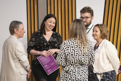 Target Ovaran Cancer supporter Mags, Monica Lennon MSP, and CEO Annwen Jones talking at the Scottish Pathfinder event