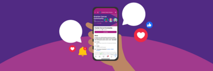 An infographic of a mobile phone showing the Ovarian Cancer Community facebook group