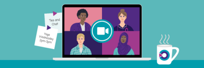 An inforgraphic showing illustrated people on a laptop and mugs with the Target Ovarian Cancer logo promoting our digital events