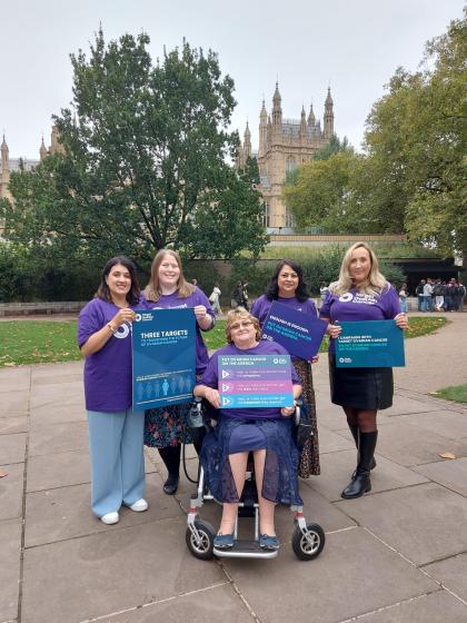 Group of campaigners in purple t-shirts holding placards in front of Palace of Westminster