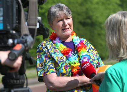 Christine speaking to an interviewer from BBC Northern Ireland.